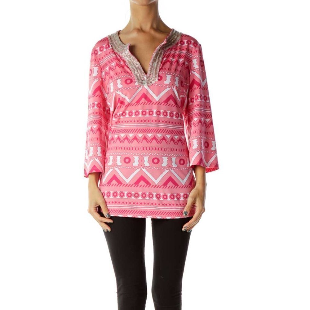 INC Pink White Beaded Blouse